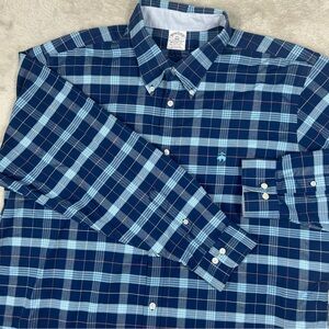 Brooks Brothers 1818 Mens 2XL Logo Long Sleeve Button Down Plaid Blue Logo